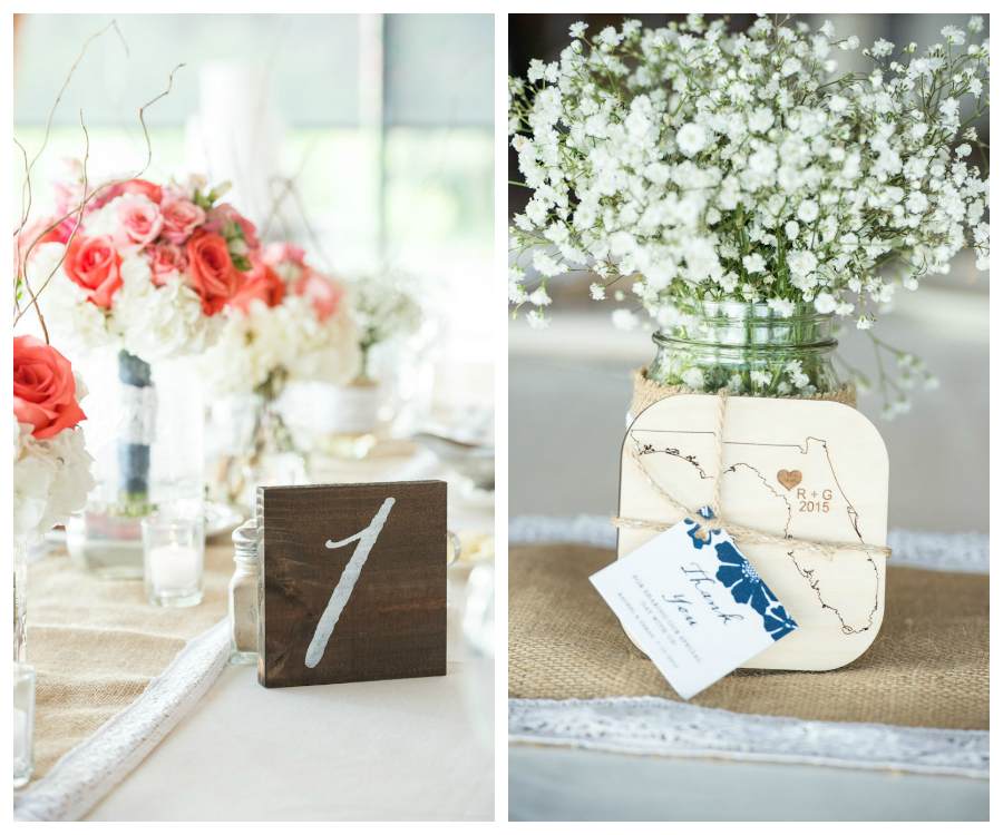 Wedding Reception Table Decor with Wooden Table Numbers and Mason Jar Filled Baby's Breath