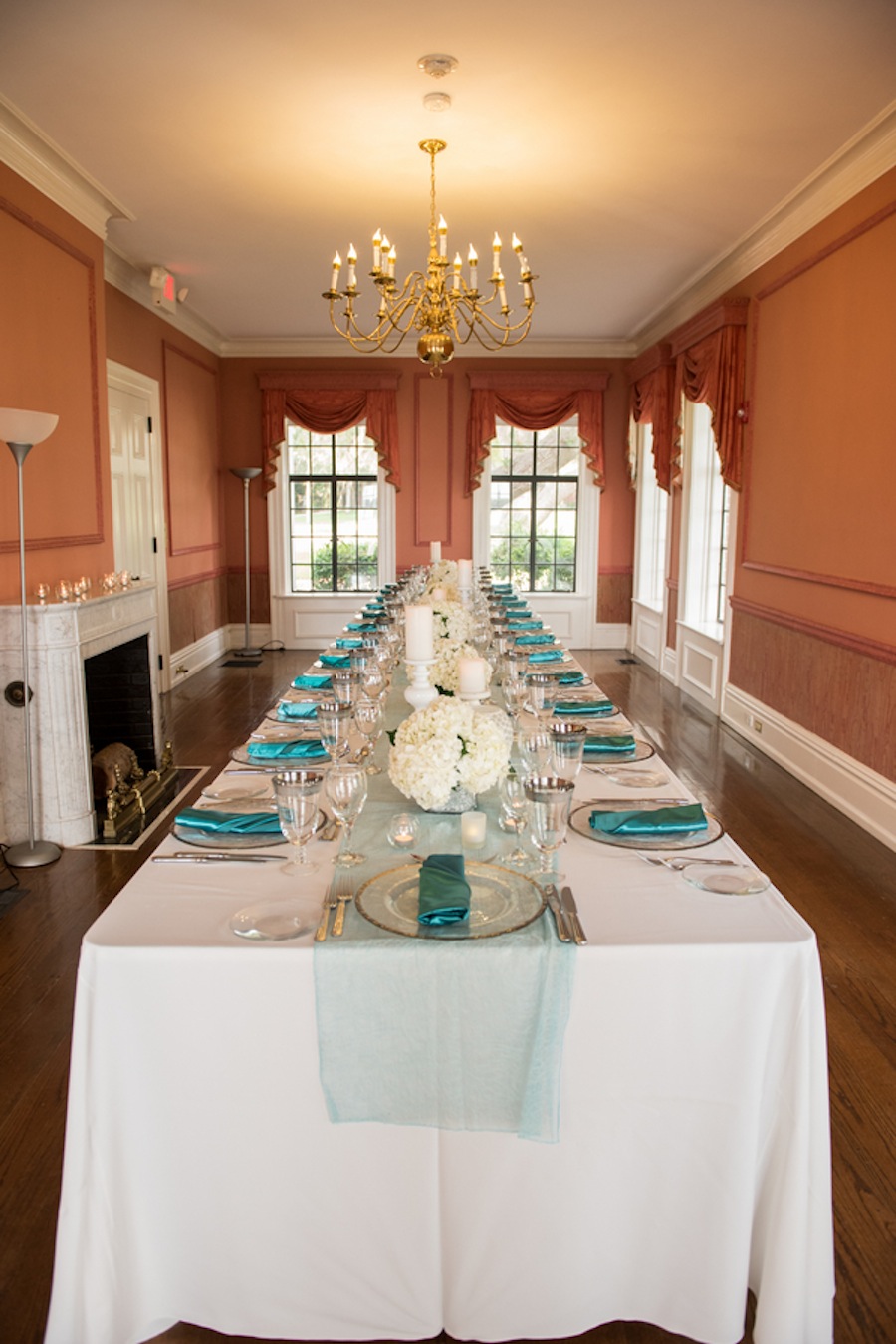 Indoor Sarasota Teal Wedding Reception | The Bay Preserve at Osprey