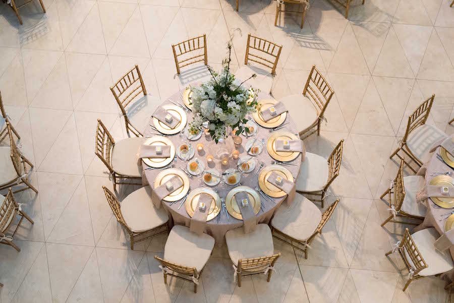 Gold and White Wedding Reception Table Layout with Elegant White Centerpieces | St. Pete Museum of Fine Arts