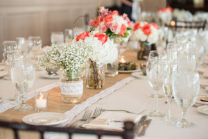 Rustic, Wedding Reception Table Decor with Floral Centerpieces, Mason Jars and Burlap and Lace