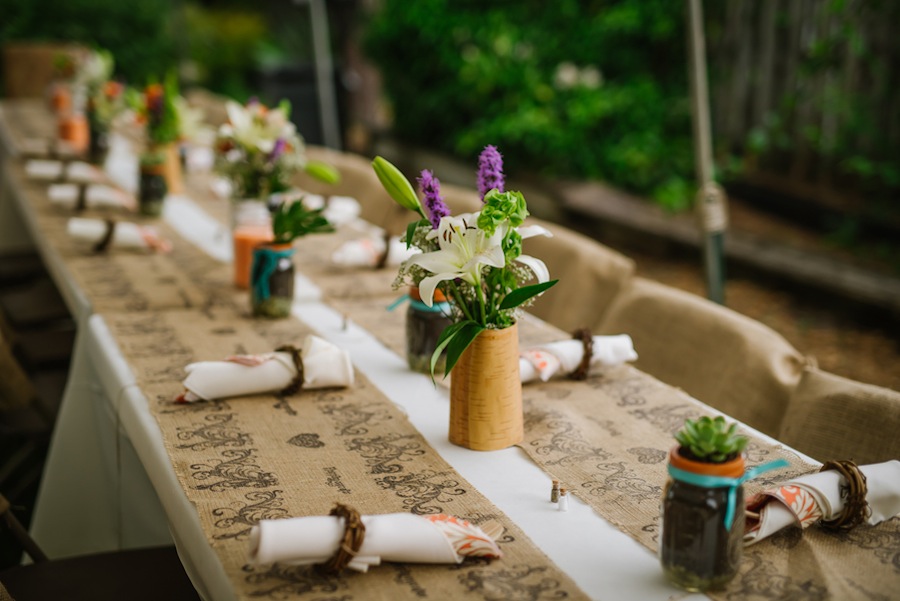 Burlap and Twine Wedding Centerpieces | Outdoor Garden Wedding Reception