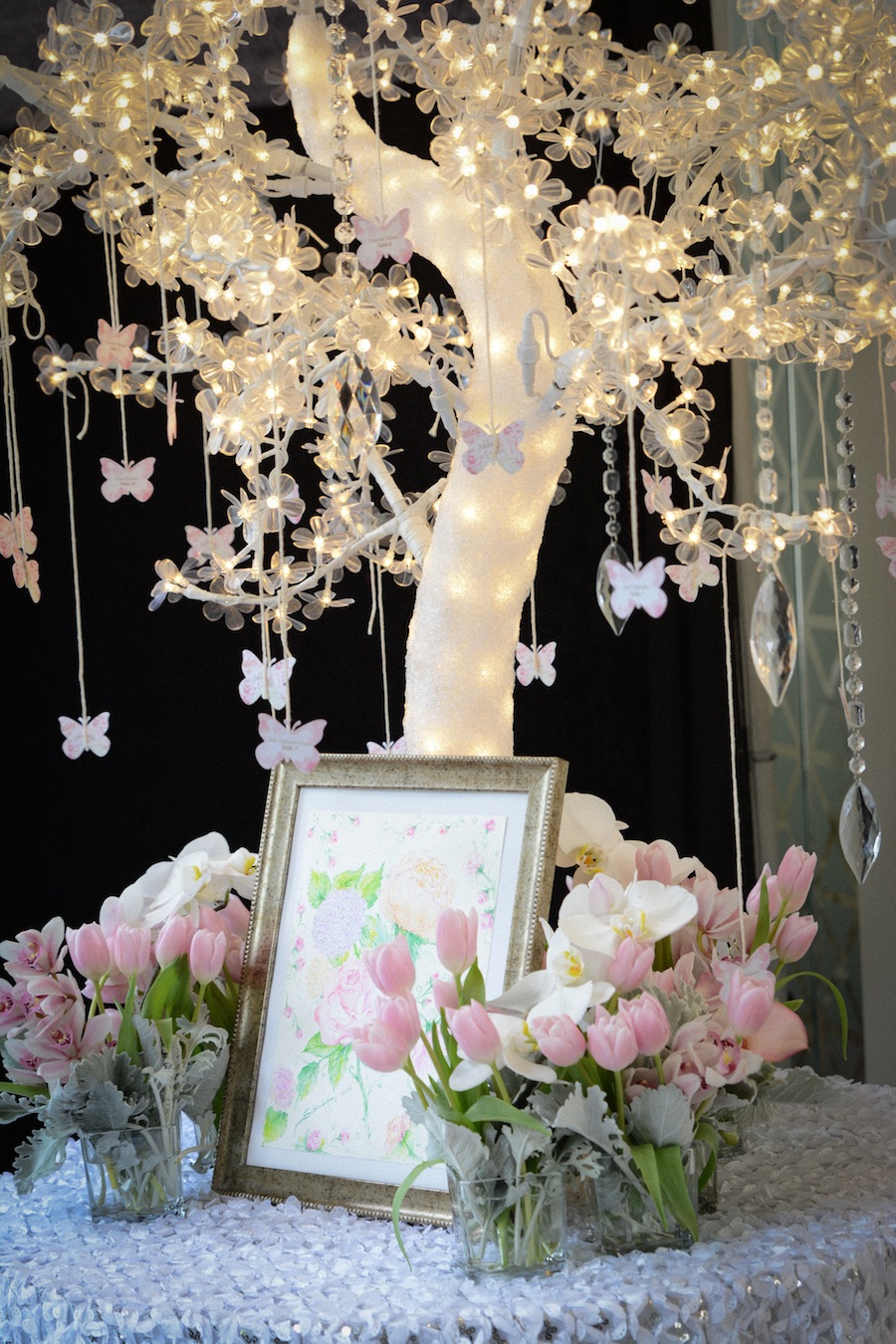 Lighted Wedding Reception Centerpiece with Hanging Butterflies