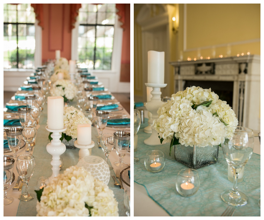 Indoor Sarasota Teal Wedding Reception with Glass Chargers and White Centerpieces