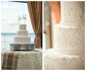 Three Tiered White Wedding Cake with Lace Icing Detail and "I Do" Wedding Cake Topper | Tampa Wedding Cake Alessi Bakeries