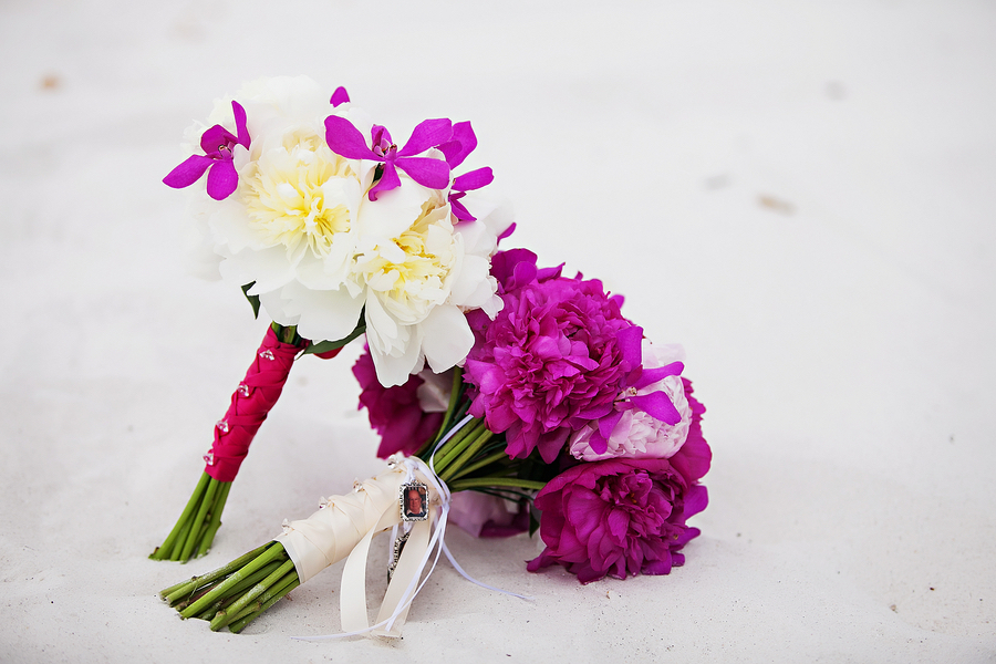 Purple and White Bridal Beach Wedding Bouquets with Memorial Memory Photo