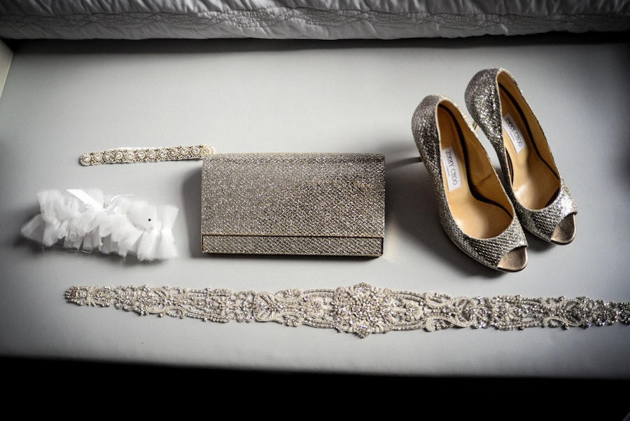 Silver Jimmy Choo Bridal Shoes and Sparkly Clutch