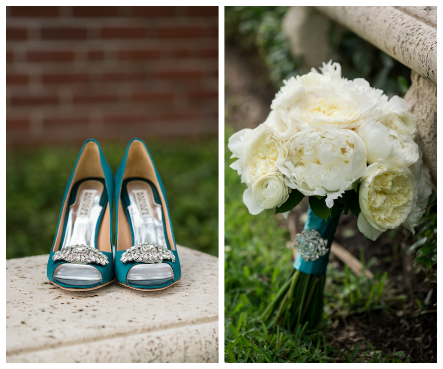 Teal Badgley Mischka Wedding Shoes | White Peonies Wedding Bridal Bouquet