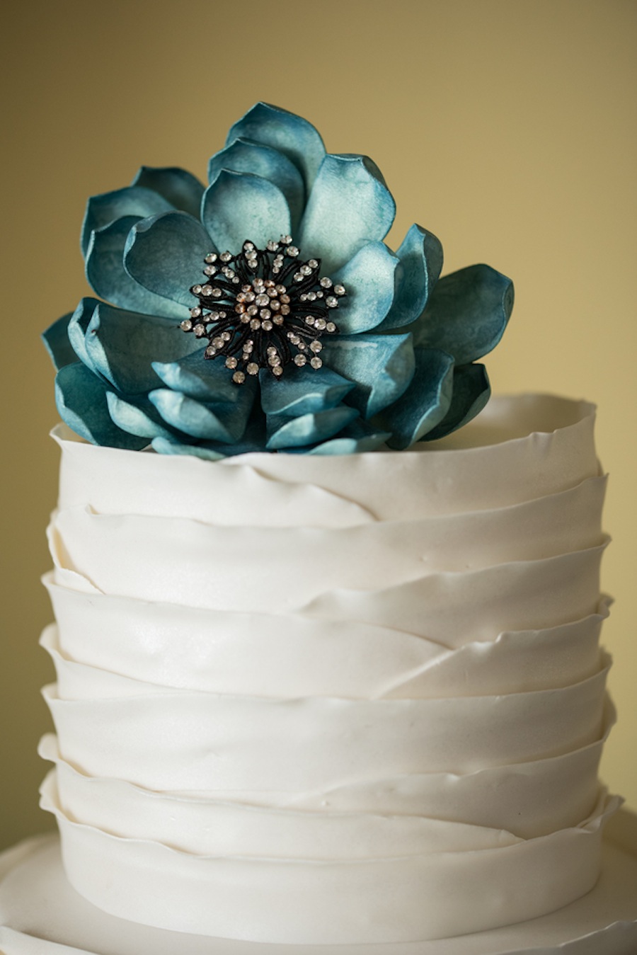 White Wedding Cake with Blue Teal Sugar Flower Detail
