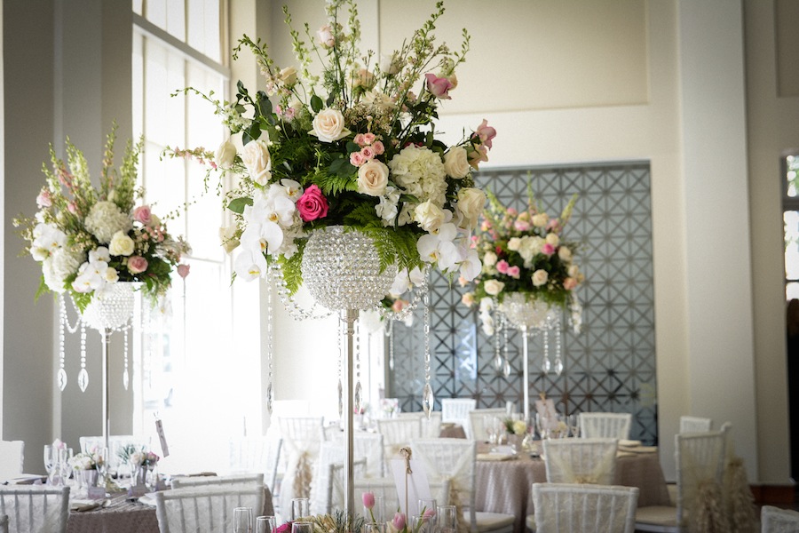 Tall White and Pink Wedding Centerpieces with Rhinestone Crystal Vases | Downtown Tampa Vault Wedding