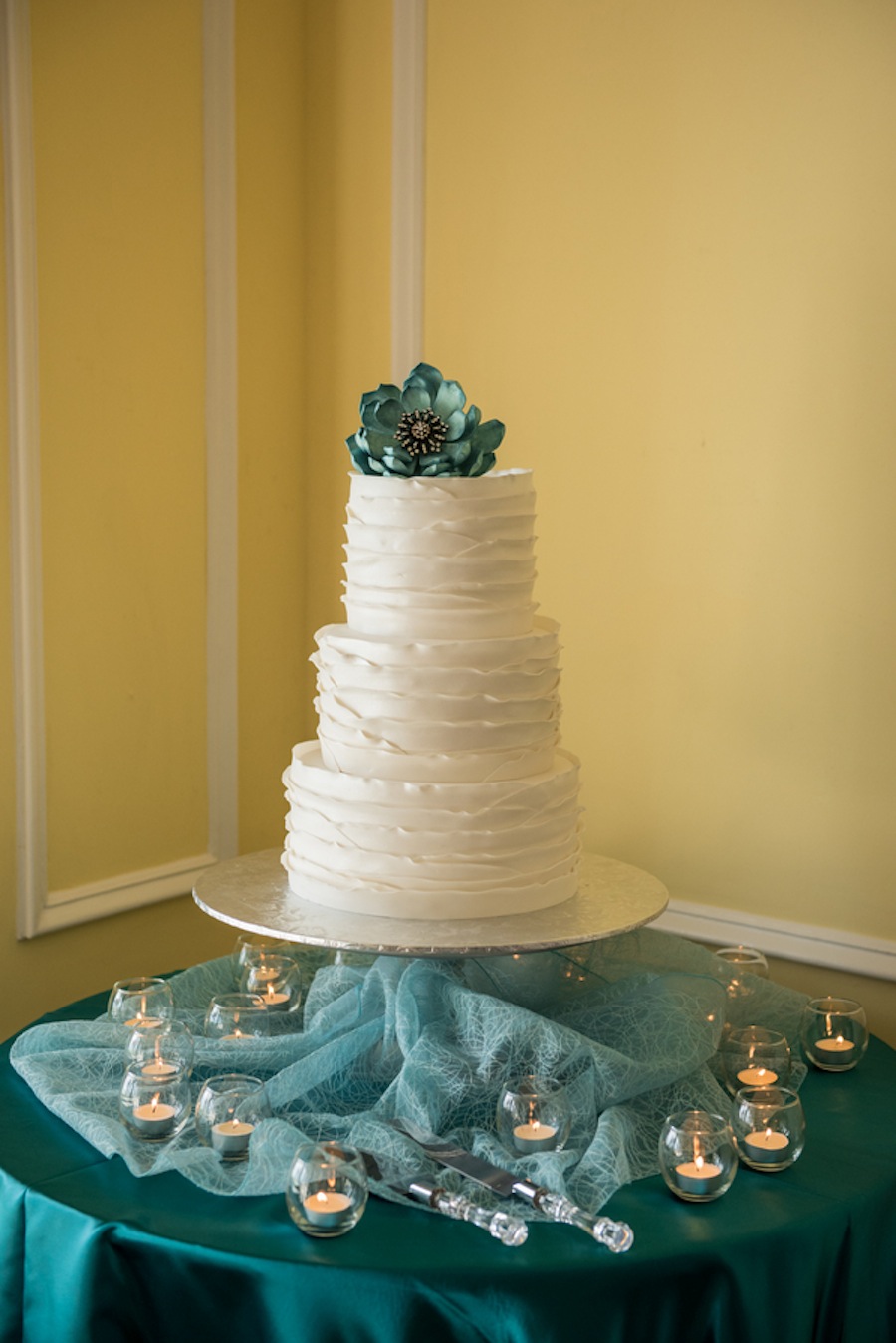 White Wedding Cake with Blue Teal Sugar Flower Detail