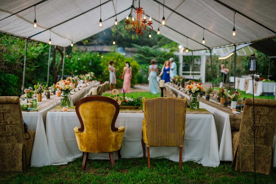 Outdoor, Tented Garden, Botanical Wedding Reception with Vintage Chairs | Tufted Vintage Rentals | Tampa Wedding Venue USF Botanical Gardens
