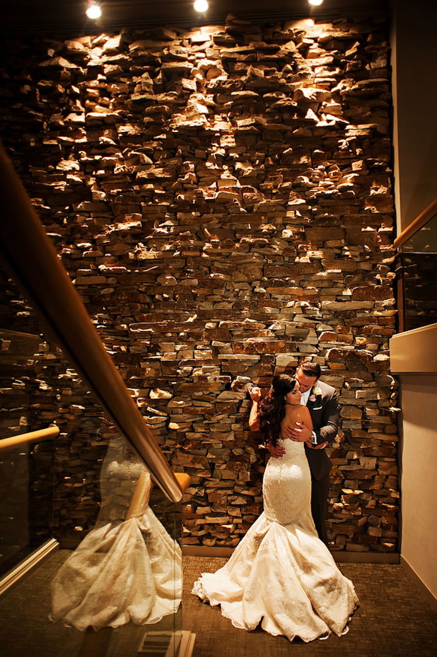Bride and Groom Wedding Portrait with Rock Wall Background | Clearwater Wedding Venue Countryside Country Club
