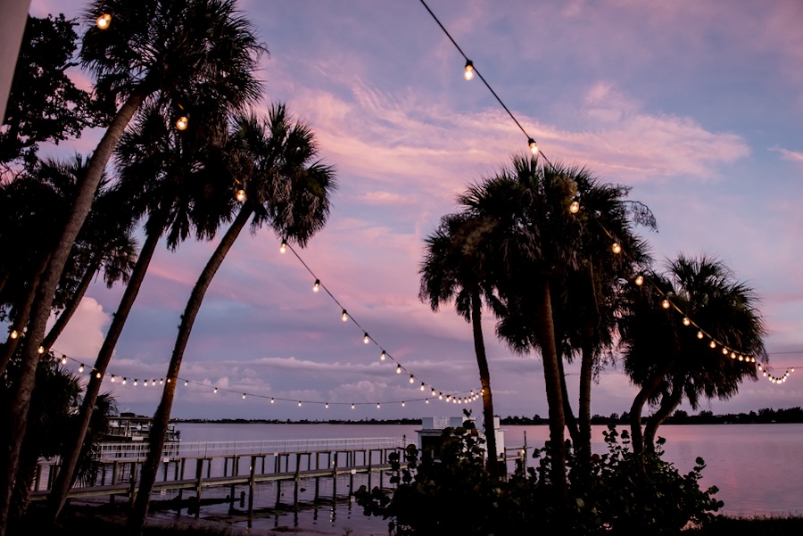 Outdoor Sarasota Waterfront Wedding Venue with String Lighting at Twilight| The Bay Preserve at Osprey