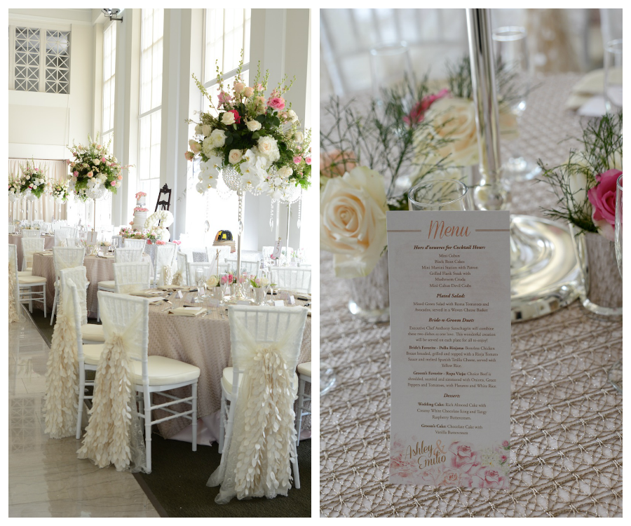 Tall White and Pink Wedding Centerpieces with Rhinestone Crystal Vases and Covered Chiavari Chairs | Downtown Tampa Vault Wedding