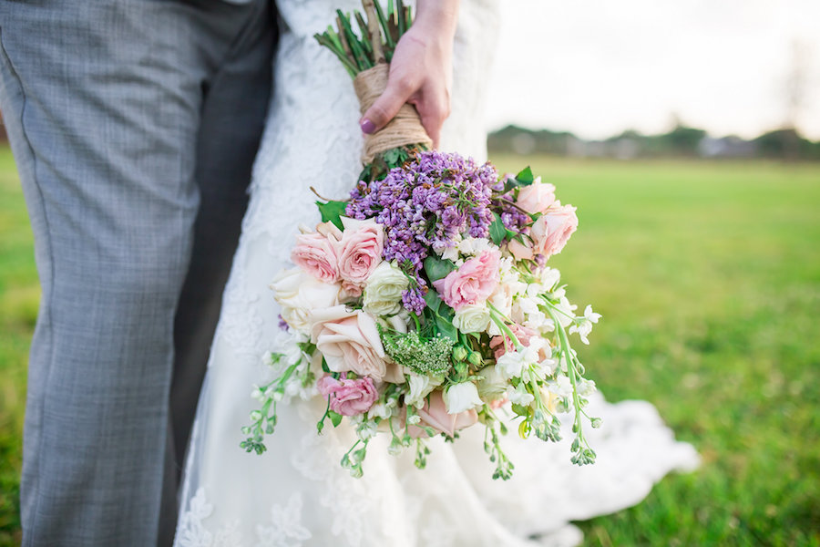 Rustic, Country Wedding Bouquet Detail with Lavender and Pink Roses | Tampa Wedding Photographer Rad Red Creative