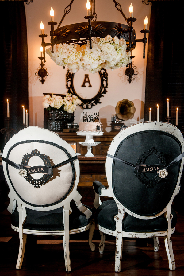 Black and White, Sweetheart Table Chairs with Amour Signs