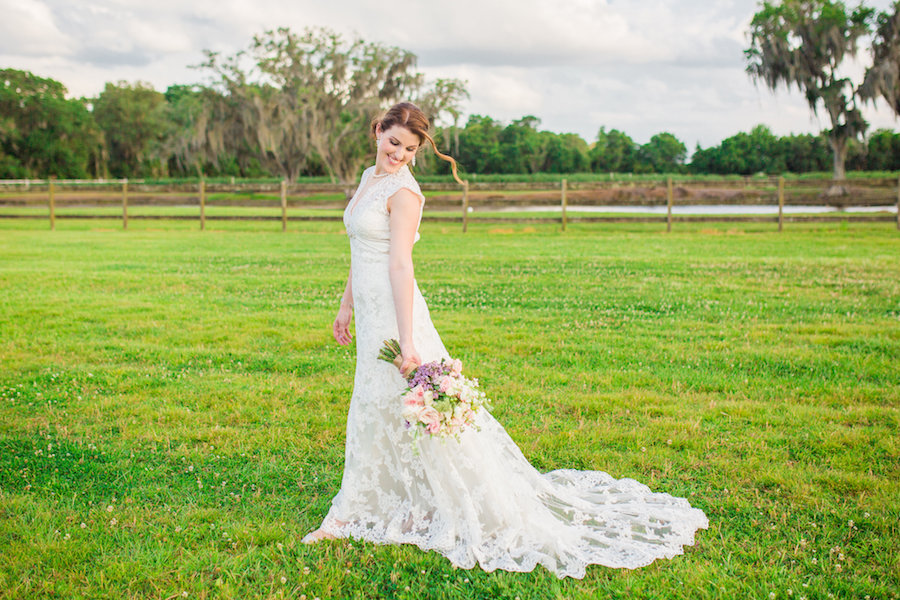 Rustic, Country Bridal Portrait with Lavender and Pink Wedding Bouquet with Allure Romance Wedding Dress | Tampa Wedding Photographer Rad Red Creative