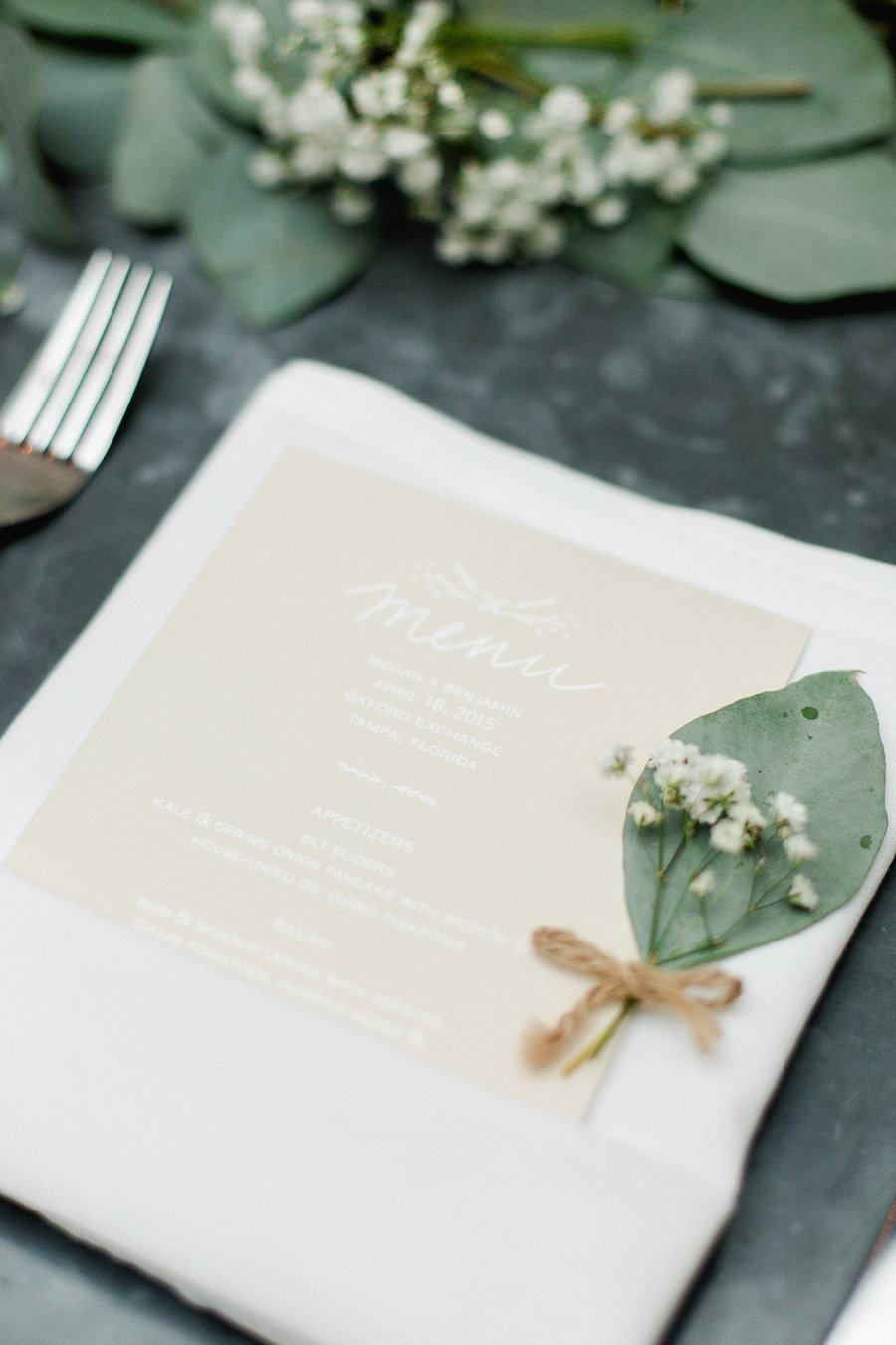 Neutral, Taupe/Tan Wedding Reception Menu with Greenery | Garden Inspired Wedding