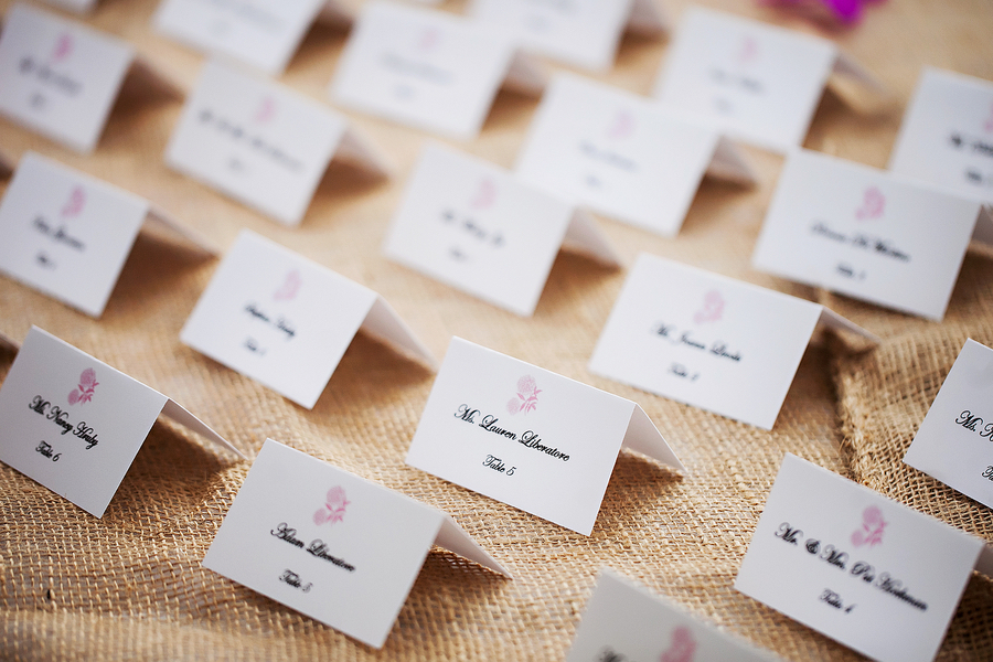 Pink Beach Wedding Reception Table Cards on Burlap Linen