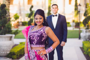 Purple Indian Bride and Groom Wedding Portrait | Ritz Carlton Sarasota Beach Club on Lido Key