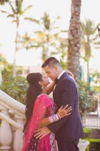 Purple and Pink Sari Indian Bride and Groom Wedding Portrait | Ritz Carlton Sarasota Beach Club on Lido Key