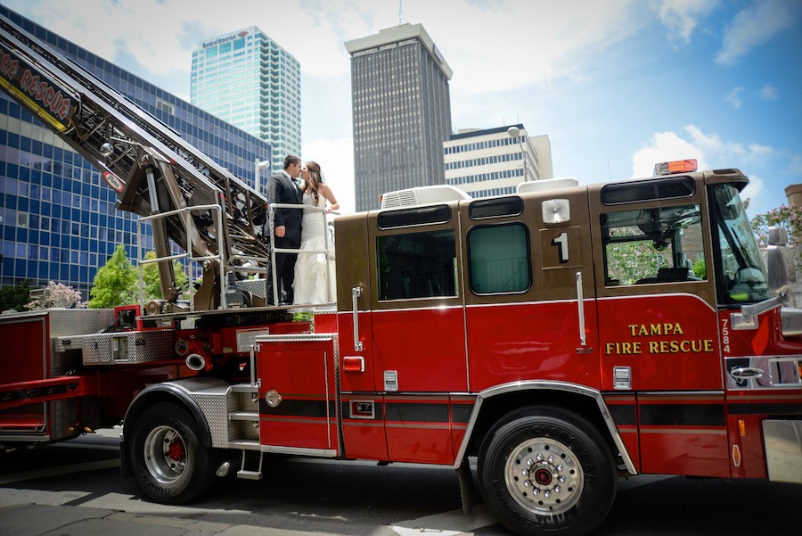 Downtown Tampa Fire Department Bride and Groom Wedding Exit
