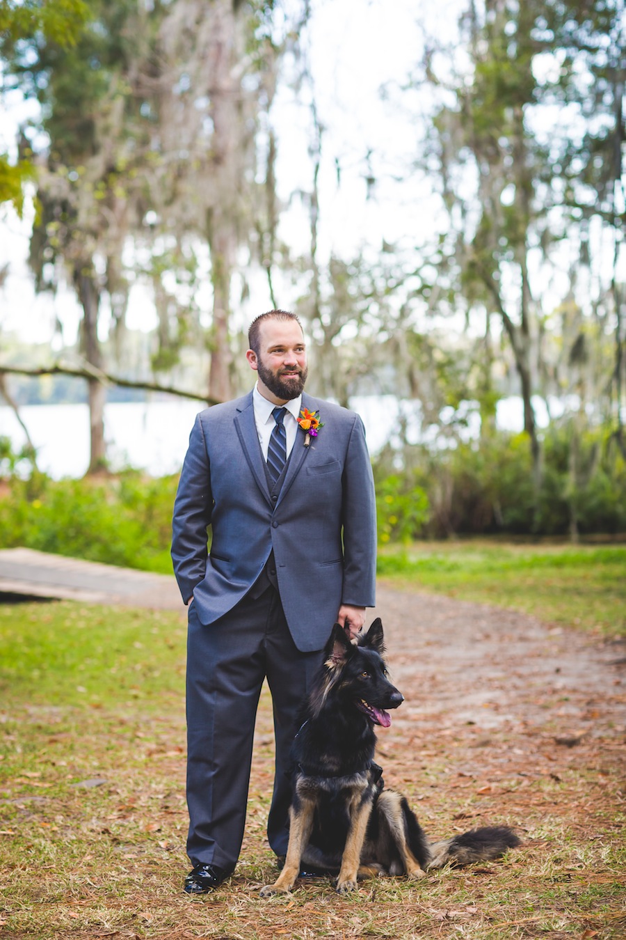Wounded Service Veteran Groom Wedding Portrait with Service Dog