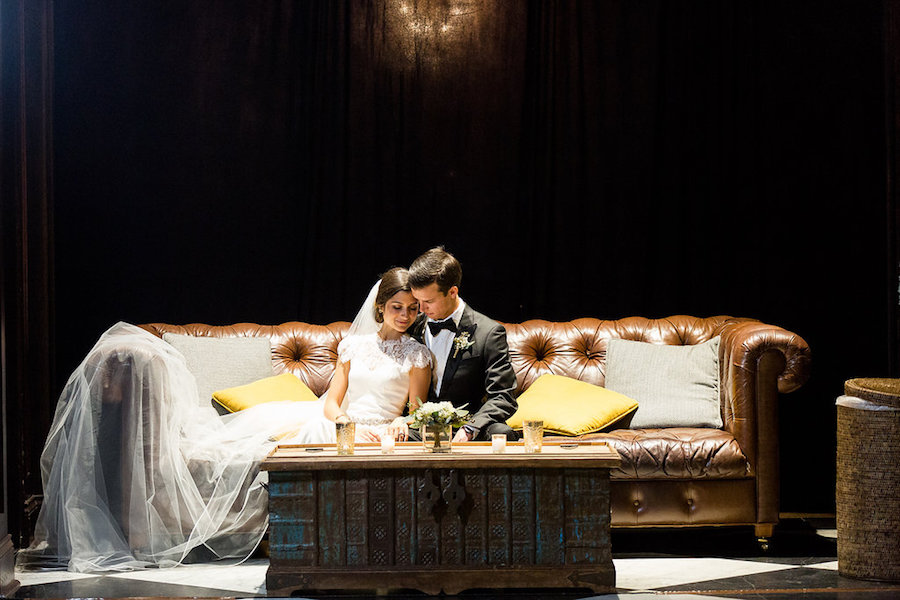 Bride and Groom Indoor Wedding Portrait on Vintage, Brown Couch | Tampa Wedding Photographer Ailyn LaTorre Photography