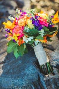 Pink, Orange and Purple Wedding Bouquet with Burlap Wrap