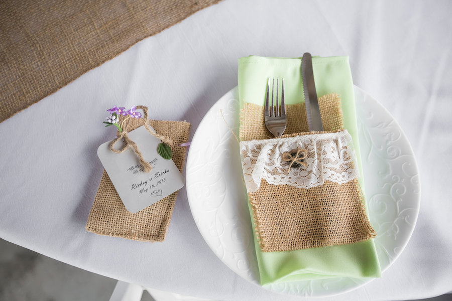 Wedding Reception Table Place Setting with Burlap and Lace Decor