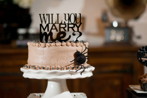 Halloween Inspired, Cream Wedding Cake with Spider and Black Will You Marry Me Cake Topper