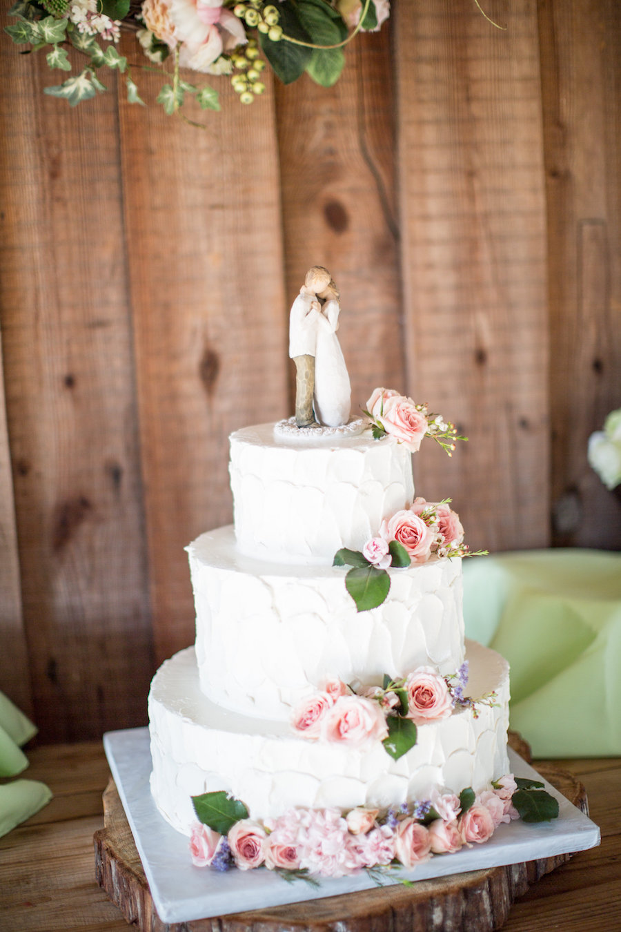 White 3 Tiered Wedding Rustic Cake with Pink Flowers