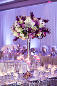 Lavish Purple Indian Wedding Reception with Tall Centerpieces, Chiavari Chairs and Sequined Linens | Ritz Carlton Sarasota Beach Club on Lido Key