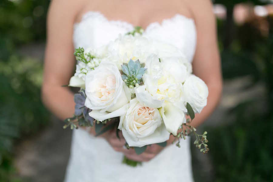 White Rose Wedding Bouquet with Succulents and Greenery | St. Pete Wedding Florist Wonderland Floral and Gift Loft