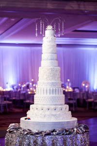 12-Tier Wedding Cake with Sequined Linens | Lavish Purple Indian Wedding Reception | Ritz Carlton Sarasota Beach Club on Lido Key