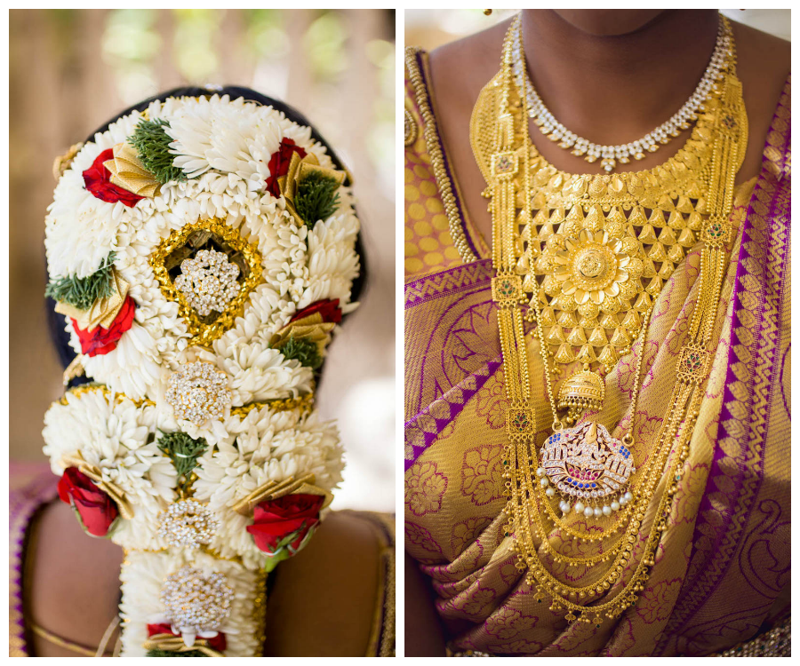 Indian Wedding Bride Floral Hair Arrangement and Gold Jewelry