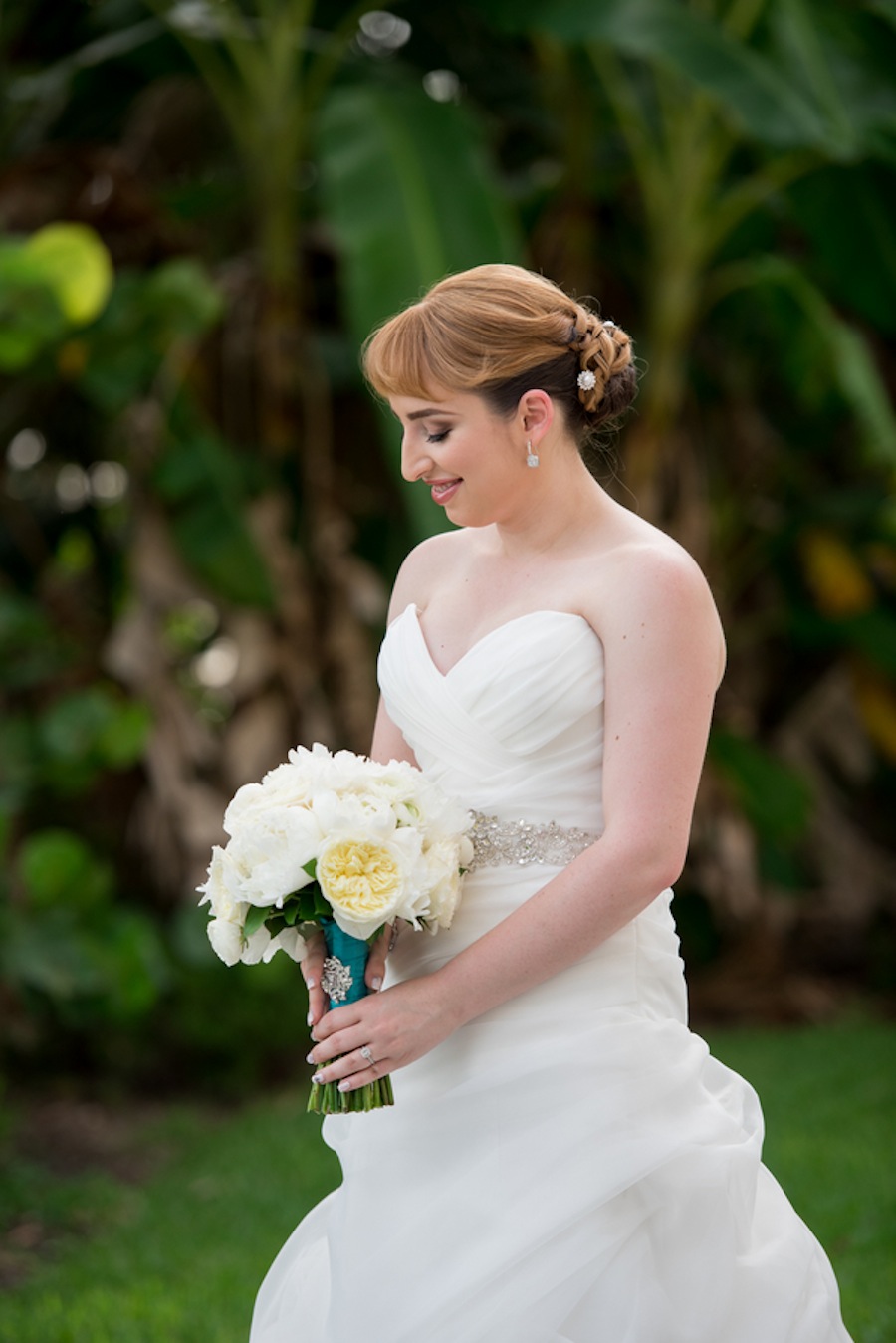 Outdoor Bridal Portrait Wearing Casablanca Bridal Wedding Dress with White Bouquet | The Bay Preserve at Osprey