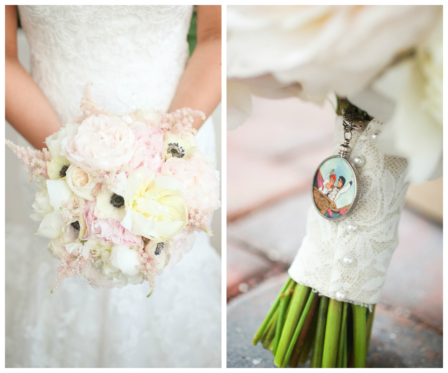 Pastel Pink and White Bride Wedding Bouquet with Disney Charm and White Lace