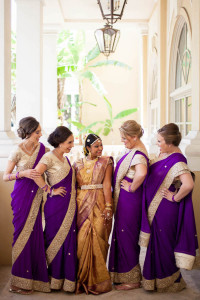 Indian Wedding Bride Gold Jewelry and Purple Bridesmaid Dresses
