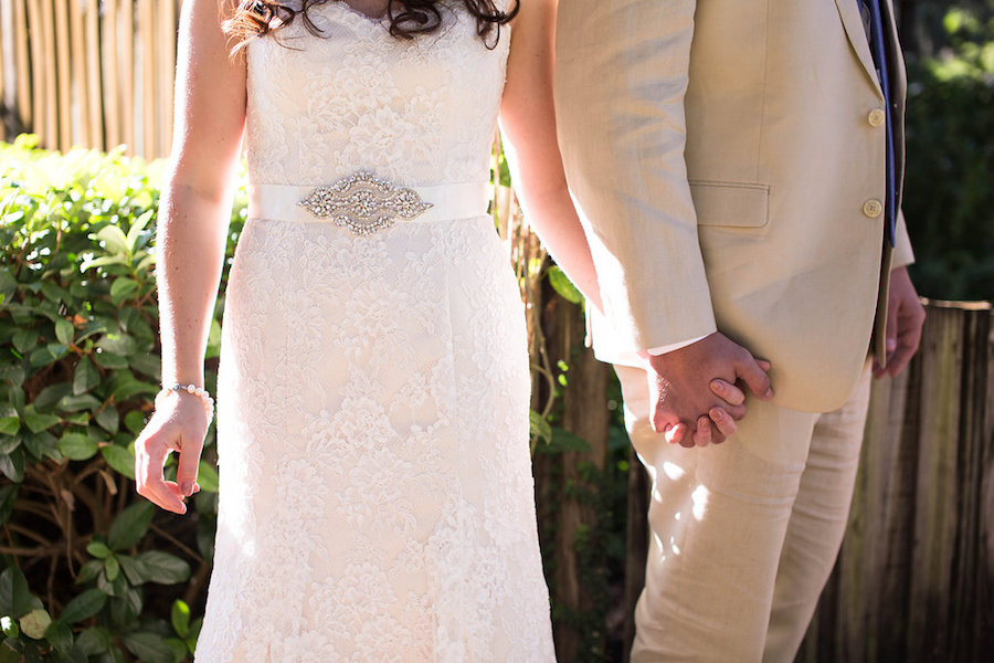 Bride and Groom First Touch | Venus Bridal Lace Wedding Dress With Rhinestone Belt