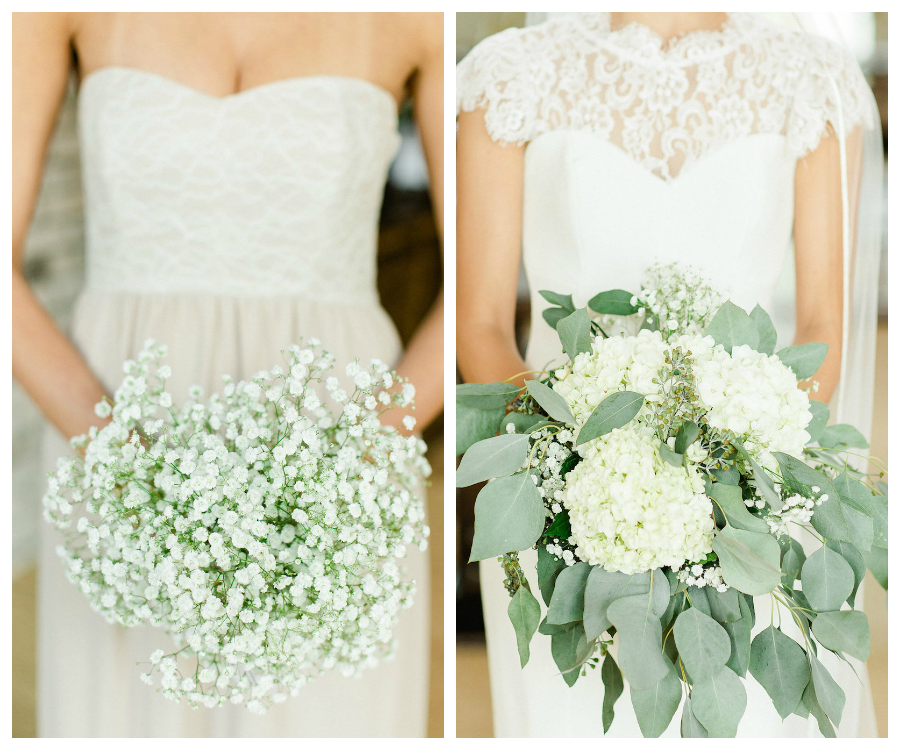 White Baby's Breath and Hydrangea Floral Wedding Bouquets with Nicole Miller Lace Bridal Wedding Dress and Lauren Conrad Paper Crown Bridesmaids Dress