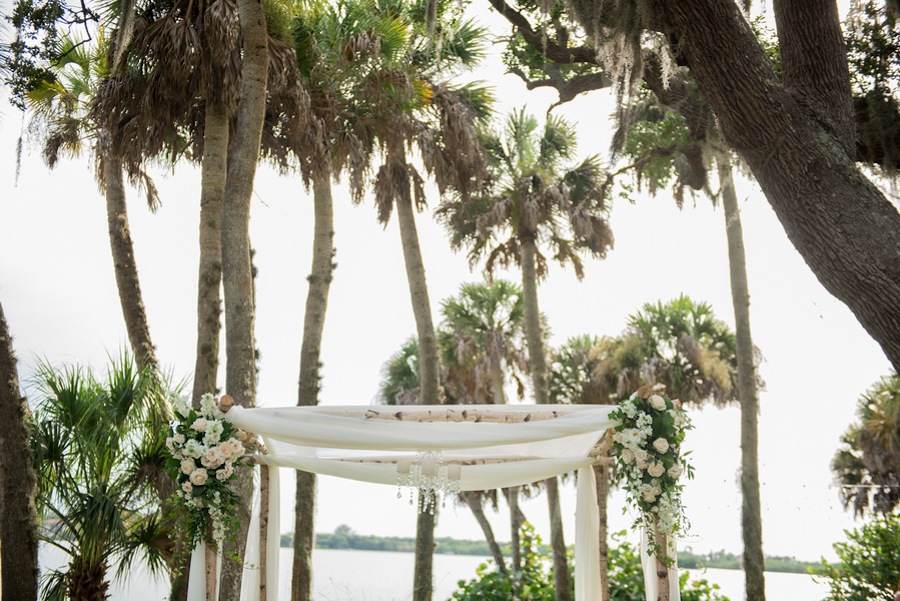 Outdoor Sarasota Wedding Ceremony Draped Altar with Flora and Crystal Chandelier