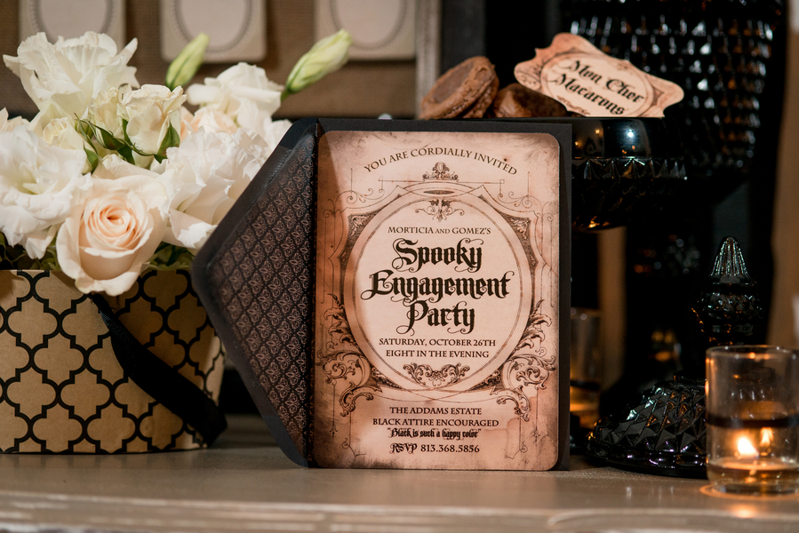 Black and White, Halloween Inspired Spooky Engagement Party Invitation | Tampa Wedding Photographer Marc Edwards Photographs