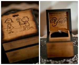 Wooden Engagement Ring Box with Cartoon Drawing of Wedding Proposal