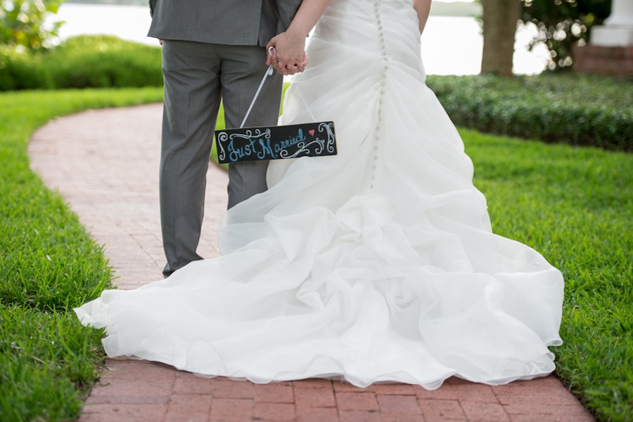 Bride and Groom Portrait with Just Married Chalk Sign | Casablanca Bridal Wedding Dress