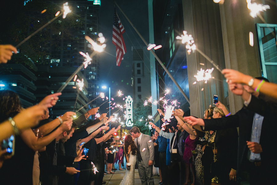 Downtown Tampa Bride and Groom Wedding Exit with Sparklers| Best St. Pete Wedding Photographer | Roohi Photography