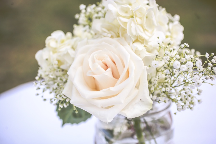 White Rose Wedding Centerpieces with Baby's Breath in Mason Jar | Rustic Wedding | Tampa Wedding Florist Northside Florist