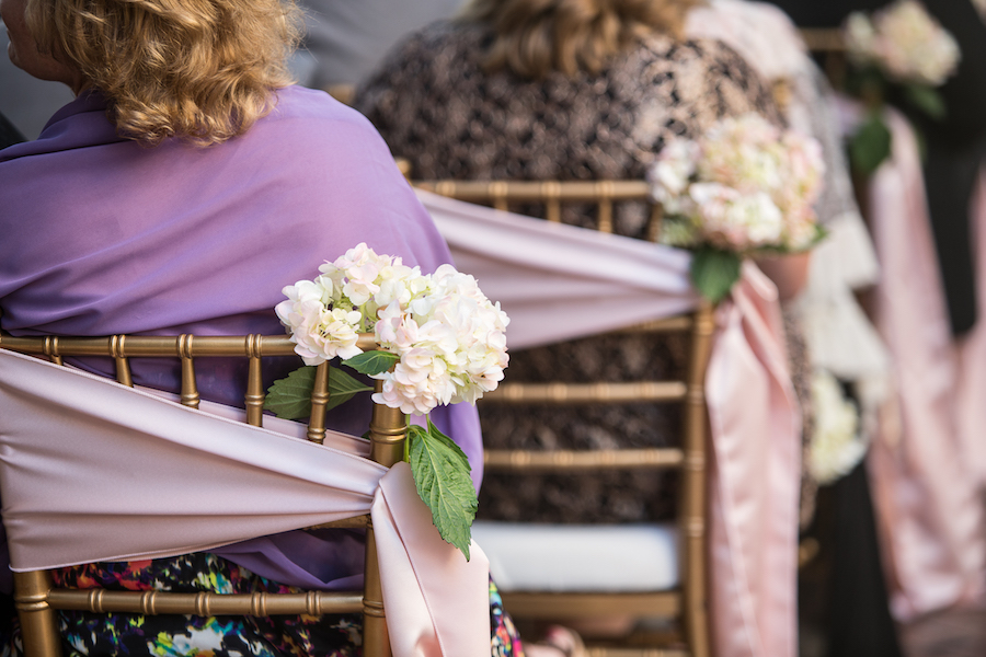 Outdoor Wedding Ceremony Decor with Gold Chiavari Chairs and White and Pink Flowers | Downtown Tampa Wedding Venue The Straz Center