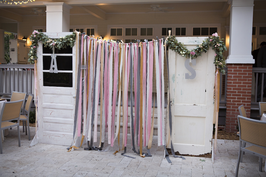 Shabby Chic, Vintage White Wooden Doors with Wedding Initials and Colorful Fabric at Wedding Reception