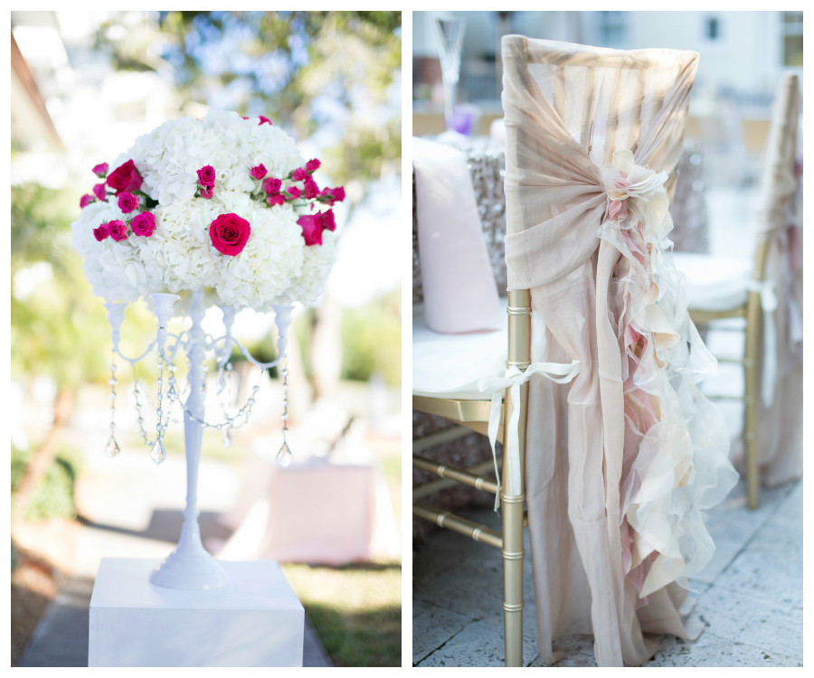 Romantic Pink and White Rose Wedding Reception Centerpiece and Gold Chiavari Chairs with Pink, Sheer Chair Cover Wrap